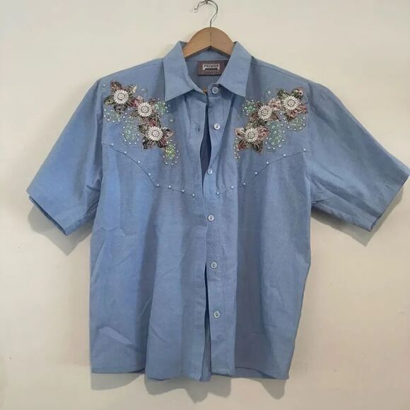 Vintage Cotton Embroidered Button Down Shirt Beaded Sequin Chambray Size Small - Picture 1 of 6